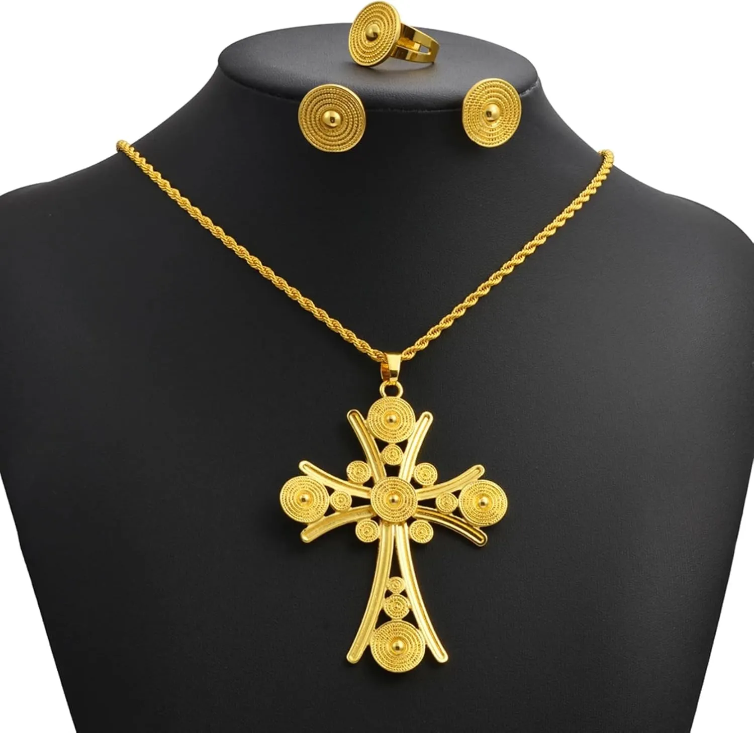 Ethiopian Jewelry Set for Women - Traditional Eritrean Ethnic Set With Big Cross Pendant Necklaces, Earrings, Rings - Africa