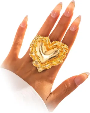 Exaggerated Large Heart Ring for Women Chunky Gold Puffy Love Heart Statement Rings Aesthetic Pleated Polished Ring Party Valentine's Day Jewelry Gift