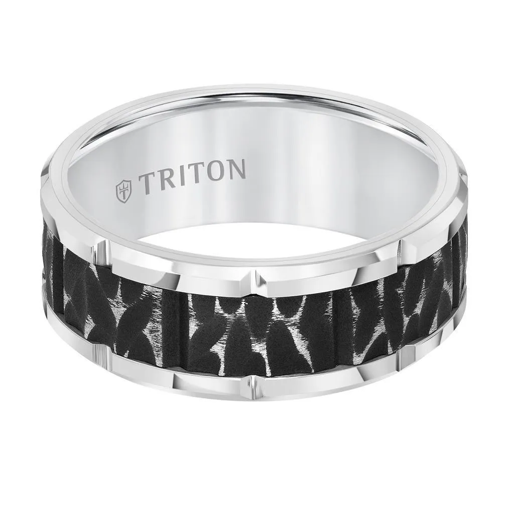 FABBRO White Tungsten Carbide Two-Tone Sandblasted Textured Ring with Polished Cut Edges by Triton Rings - 9mm
