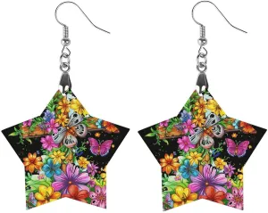 Faith-Cross Floral Butterflies Flowers Wood Dangle Drop Earrings Star Earrings Pendant Jewelry Gift for Women