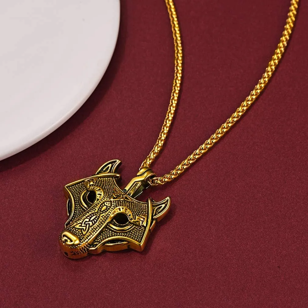 FaithHeart Norse Viking Wolf Pendant Necklace for Men/Women, Stainless Steel/18K Gold Plated Nordic Vikings Stuff Jewelry with Gift Packaging