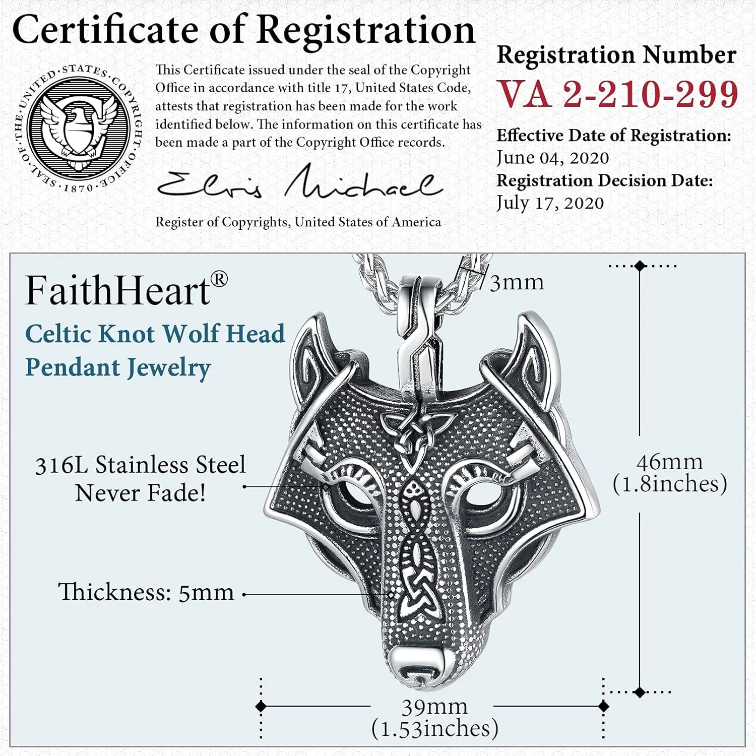 FaithHeart Norse Viking Wolf Pendant Necklace for Men/Women, Stainless Steel/18K Gold Plated Nordic Vikings Stuff Jewelry with Gift Packaging