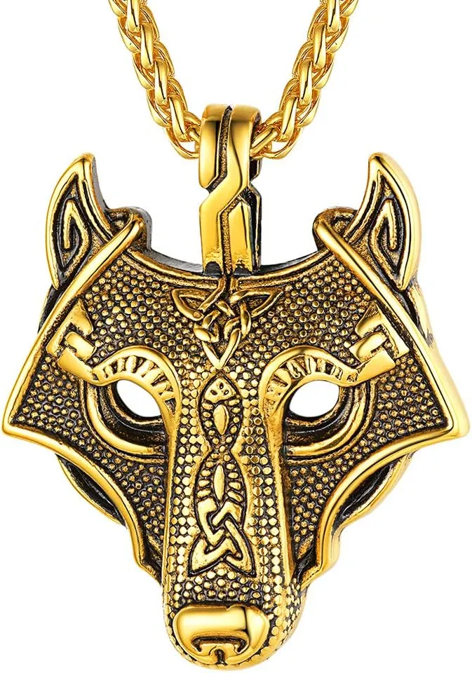 FaithHeart Norse Viking Wolf Pendant Necklace for Men/Women, Stainless Steel/18K Gold Plated Nordic Vikings Stuff Jewelry with Gift Packaging