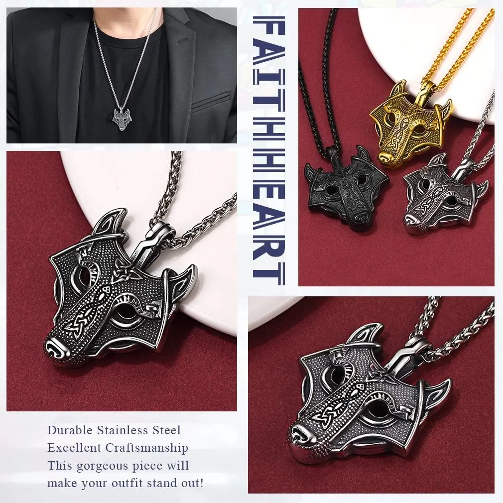 FaithHeart Norse Viking Wolf Pendant Necklace for Men/Women, Stainless Steel/18K Gold Plated Nordic Vikings Stuff Jewelry with Gift Packaging