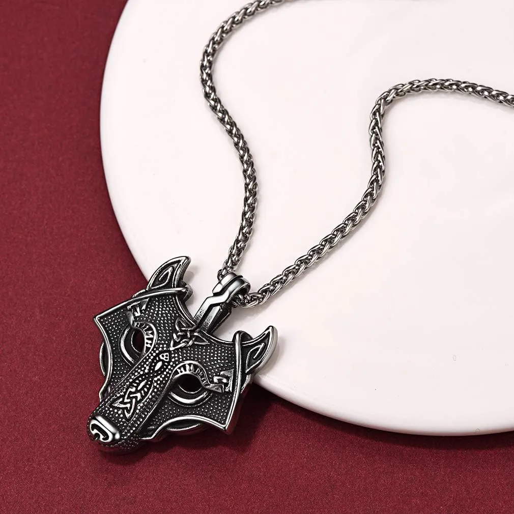 FaithHeart Norse Viking Wolf Pendant Necklace for Men/Women, Stainless Steel/18K Gold Plated Nordic Vikings Stuff Jewelry with Gift Packaging