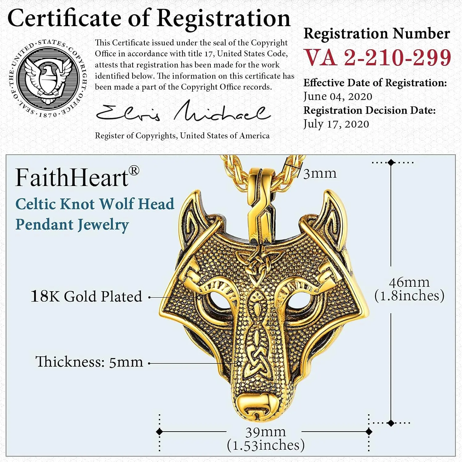 FaithHeart Norse Viking Wolf Pendant Necklace for Men/Women, Stainless Steel/18K Gold Plated Nordic Vikings Stuff Jewelry with Gift Packaging
