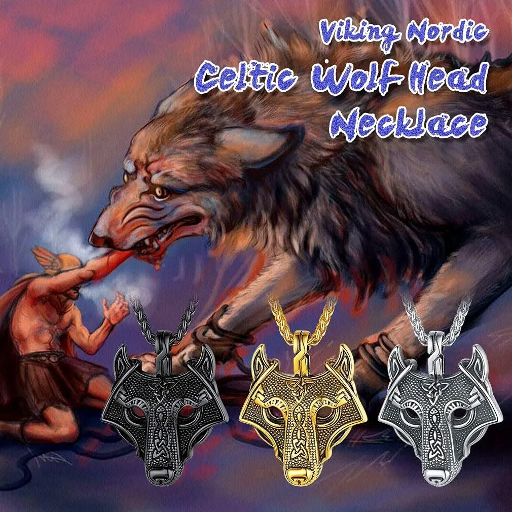 FaithHeart Norse Viking Wolf Pendant Necklace for Men/Women, Stainless Steel/18K Gold Plated Nordic Vikings Stuff Jewelry with Gift Packaging