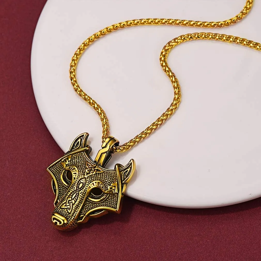FaithHeart Norse Viking Wolf Pendant Necklace for Men/Women, Stainless Steel/18K Gold Plated Nordic Vikings Stuff Jewelry with Gift Packaging