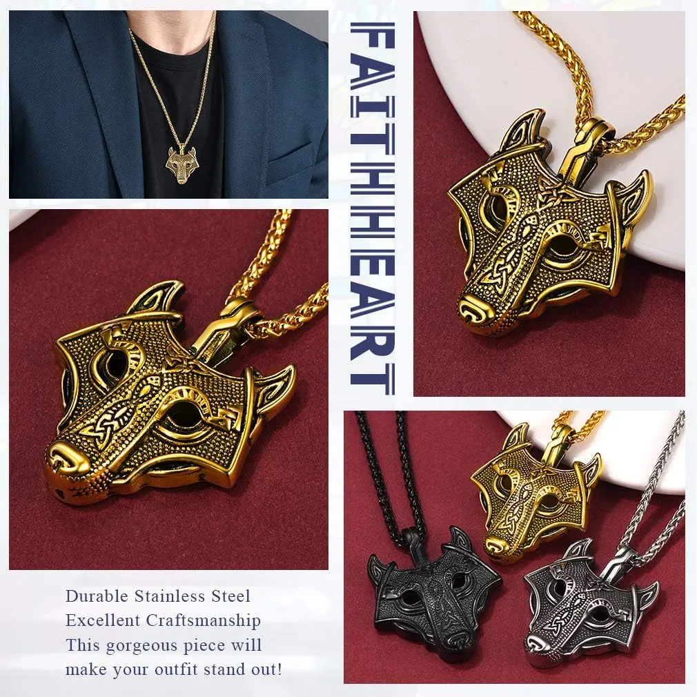FaithHeart Norse Viking Wolf Pendant Necklace for Men/Women, Stainless Steel/18K Gold Plated Nordic Vikings Stuff Jewelry with Gift Packaging