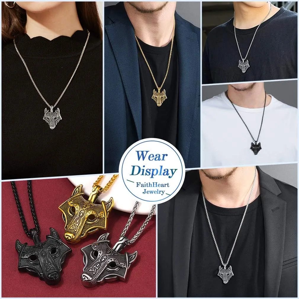 FaithHeart Norse Viking Wolf Pendant Necklace for Men/Women, Stainless Steel/18K Gold Plated Nordic Vikings Stuff Jewelry with Gift Packaging