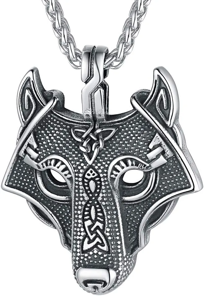 FaithHeart Norse Viking Wolf Pendant Necklace for Men/Women, Stainless Steel/18K Gold Plated Nordic Vikings Stuff Jewelry with Gift Packaging