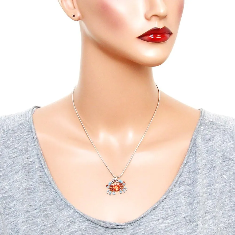 Falari Crab Pendant Necklace Rhinestone Crystal Rhodium High Polished