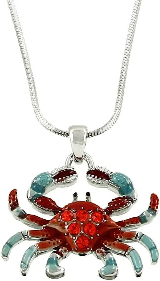 Falari Crab Pendant Necklace Rhinestone Crystal Rhodium High Polished