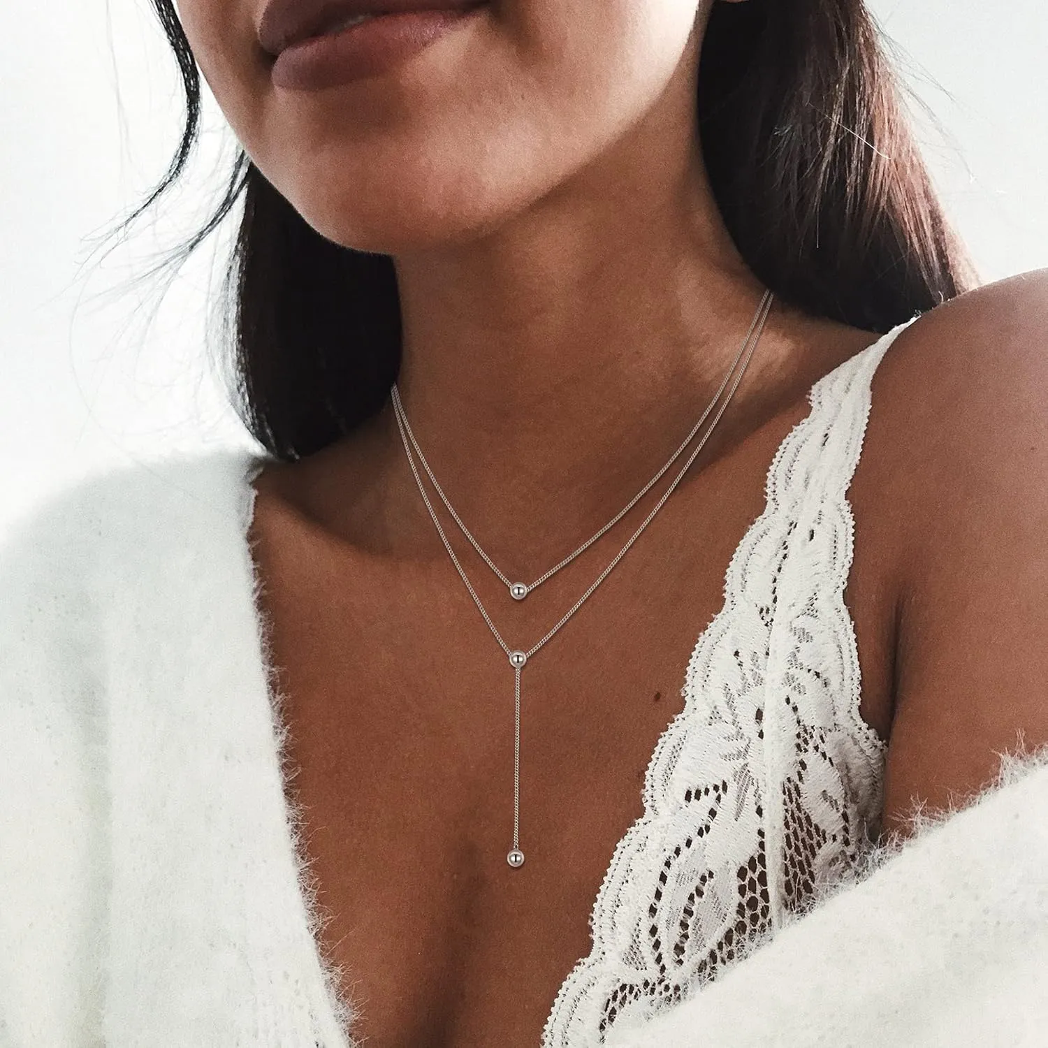 FANZE 925 Steling Sliver Necklace for Women,Star Knot Ball Layered Y Necklace Sweater Women Jewelry Gift for Holiday Festival