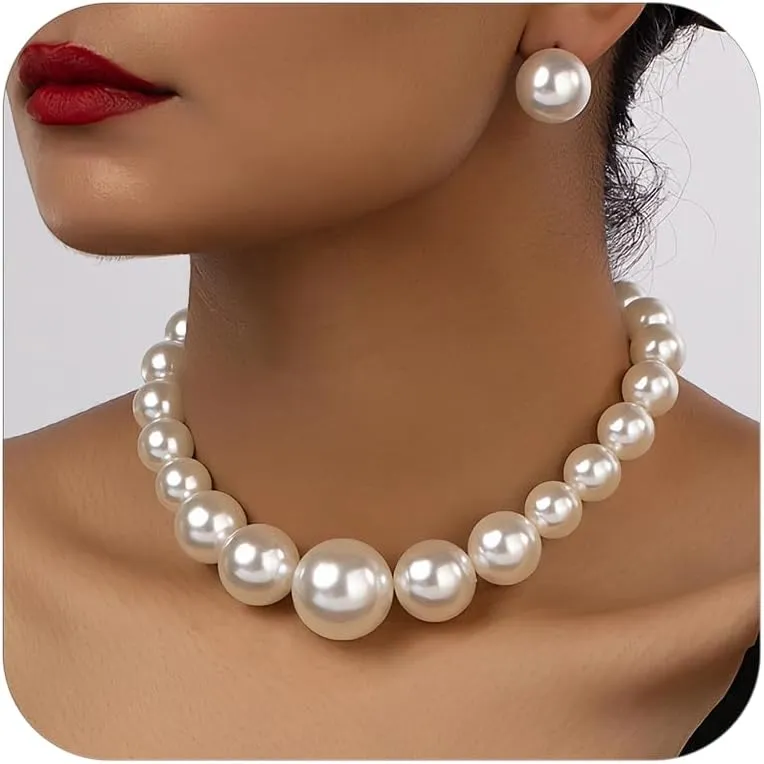 Faux Pearl Choker Necklaces for Women Big Pearl Necklace Chunky Pearl Necklace Exaggerated Large Pearl Choker Necklace Dainty Statement Bride Wedding Jewelry Gifts (A-pearl)