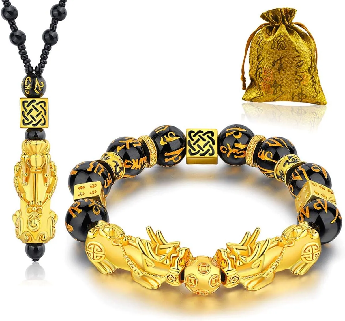 Feng Shui Bracelets for Women Men- 12mm Obsidian Aquamarine Wealth Success Pi Xiu Good Luck Bracelets Necklace Set, Christmas Birthday Gifts for Women Men