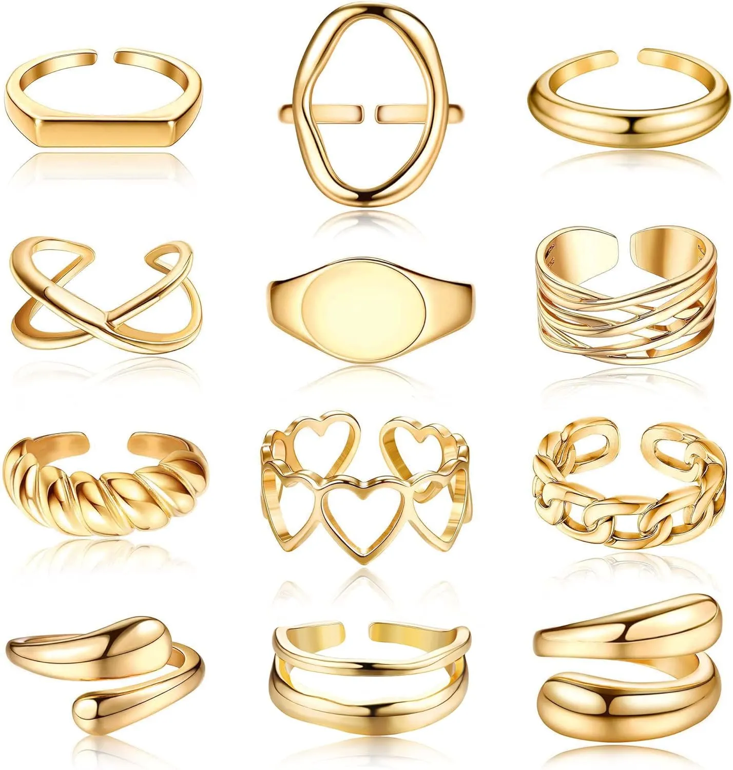 FIBO STEEL 12PCS Gold Dome Chunky Rings for Women, 18K Gold Plated Croissant, Braided Twisted, Stacking Round Signet, Adjustable Open Styles