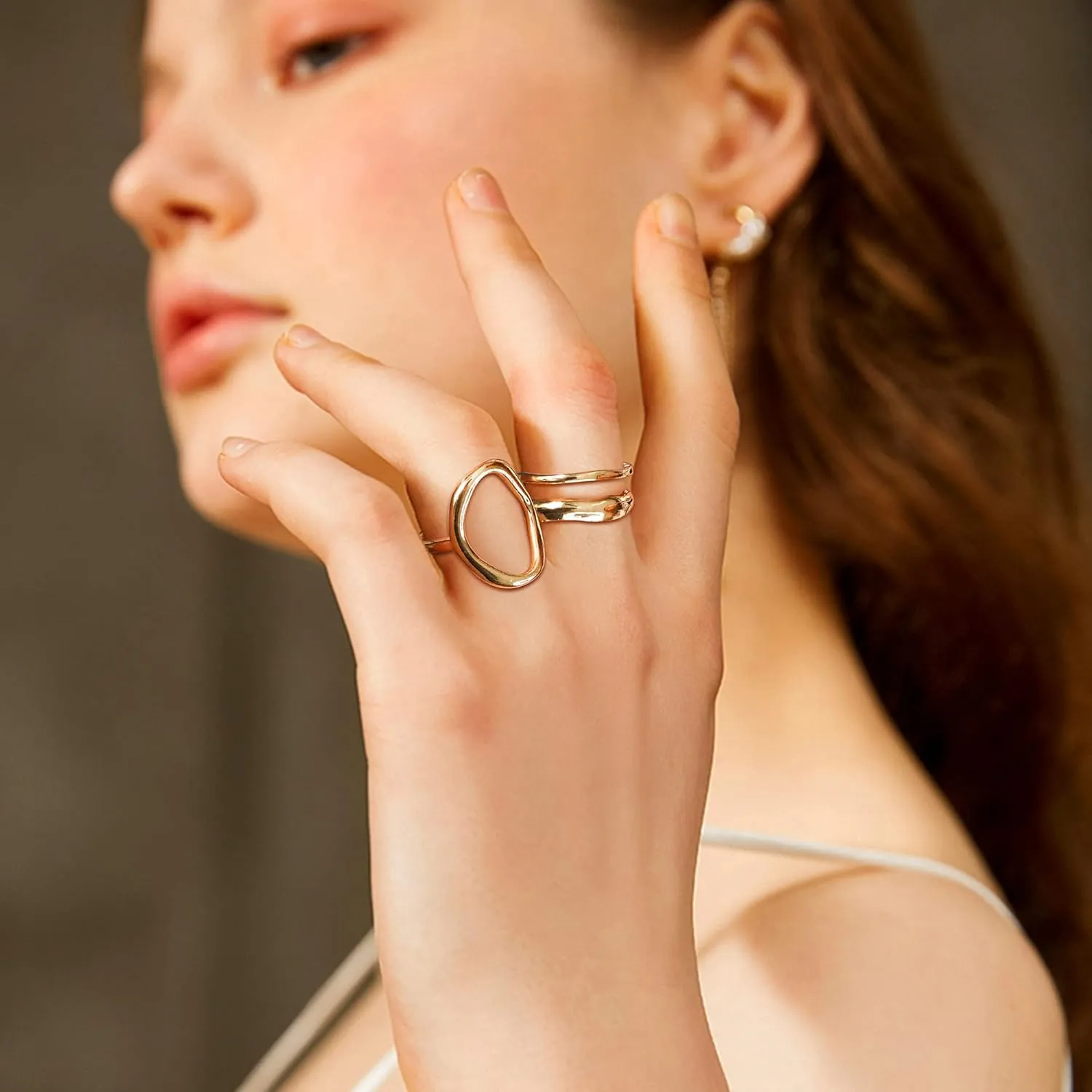 FIBO STEEL 12PCS Gold Dome Chunky Rings for Women, 18K Gold Plated Croissant, Braided Twisted, Stacking Round Signet, Adjustable Open Styles