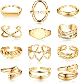 FIBO STEEL 12PCS Gold Dome Chunky Rings for Women, 18K Gold Plated Croissant, Braided Twisted, Stacking Round Signet, Adjustable Open Styles