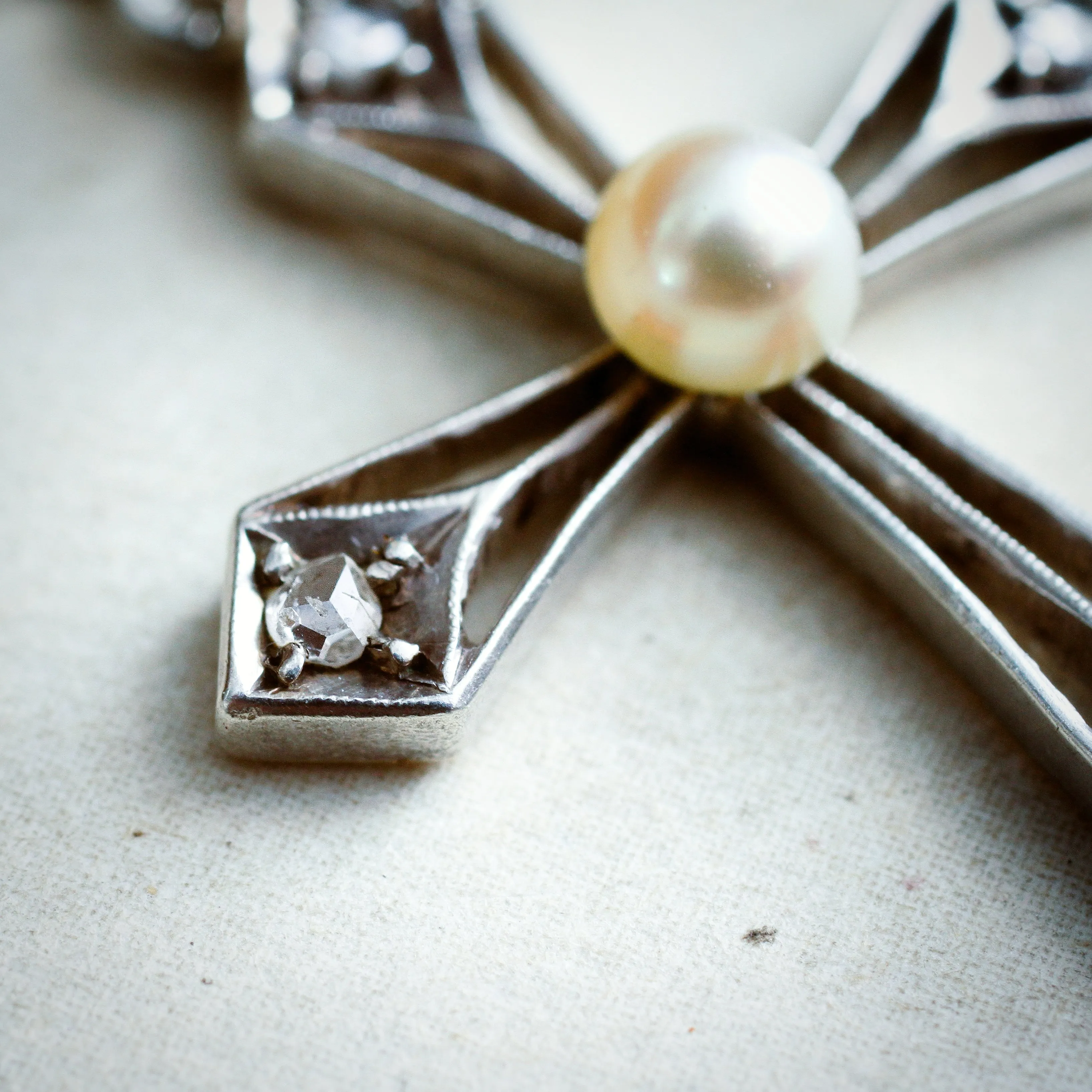 Fine Antique French Diamond & Pearl Cross Pendant