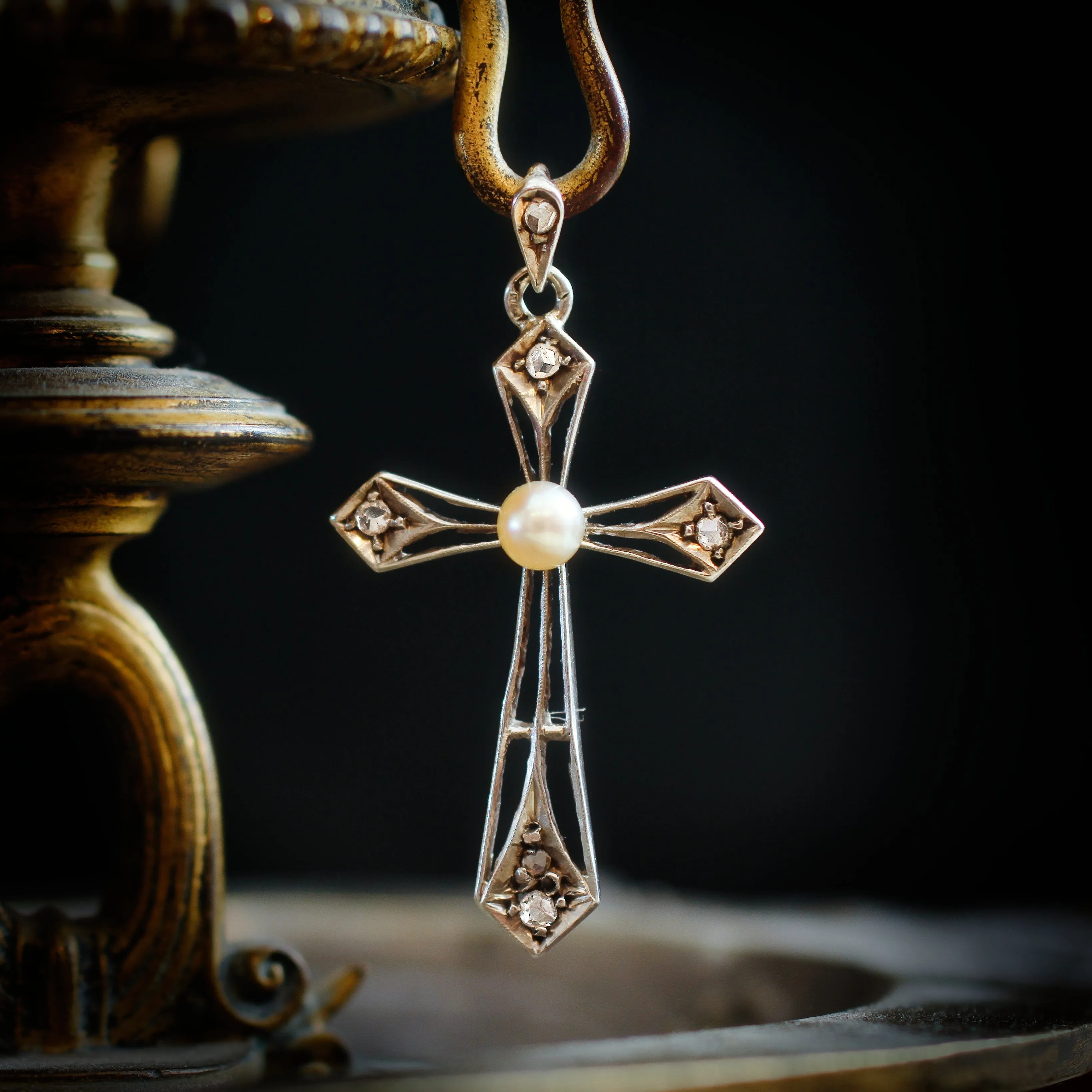 Fine Antique French Diamond & Pearl Cross Pendant