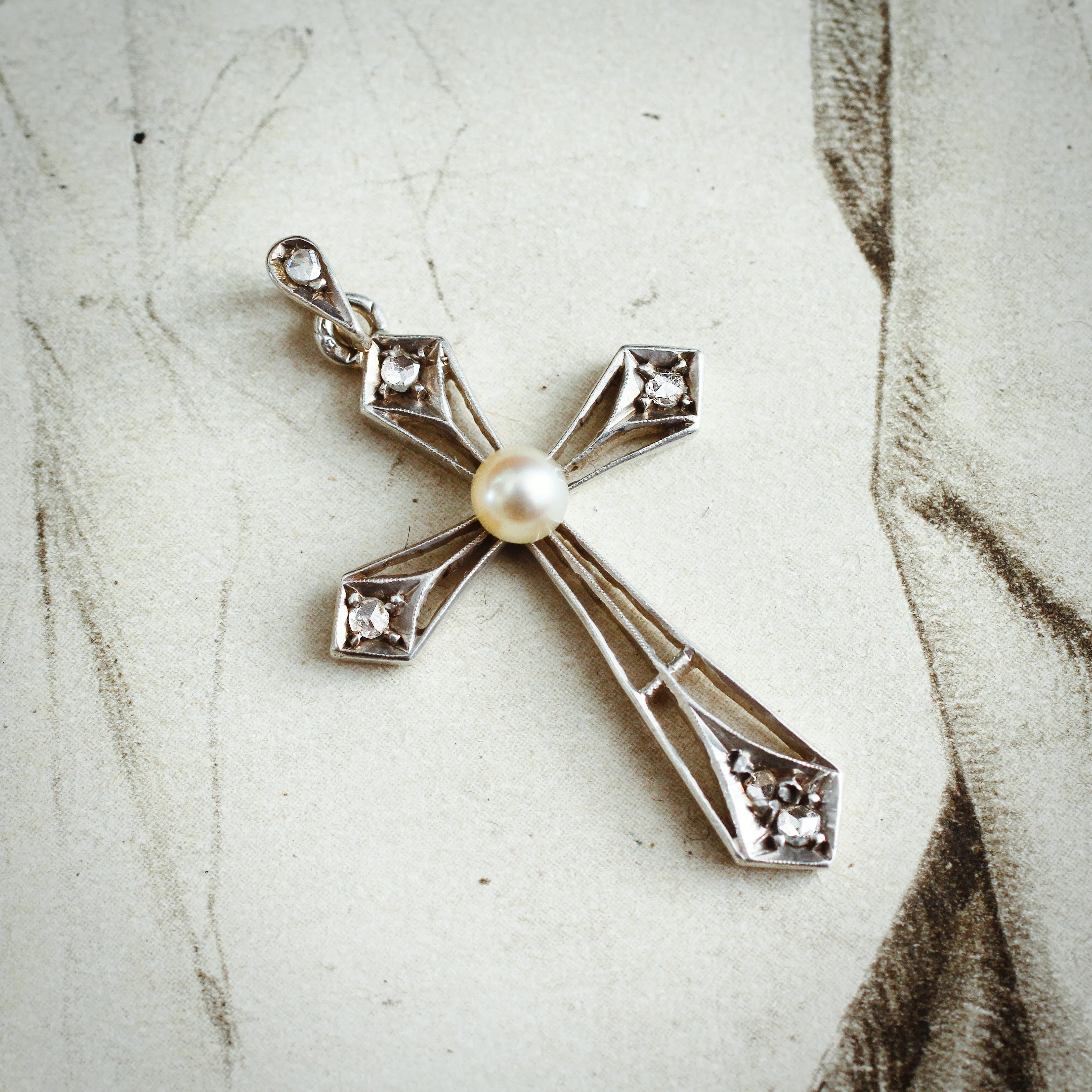 Fine Antique French Diamond & Pearl Cross Pendant