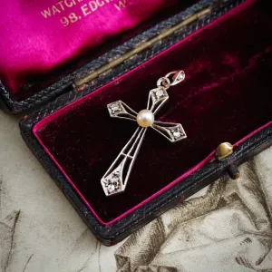 Fine Antique French Diamond & Pearl Cross Pendant