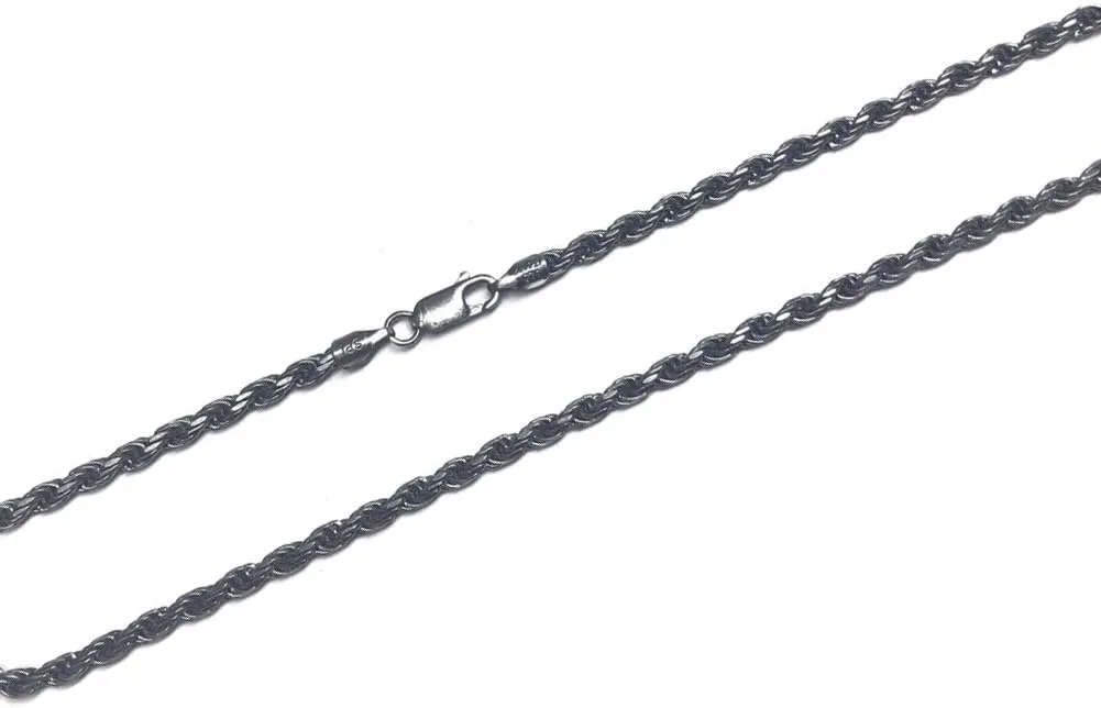 Fine Sterling Silver Oxidized Antique Vintage 3mm Rope Chain Necklace