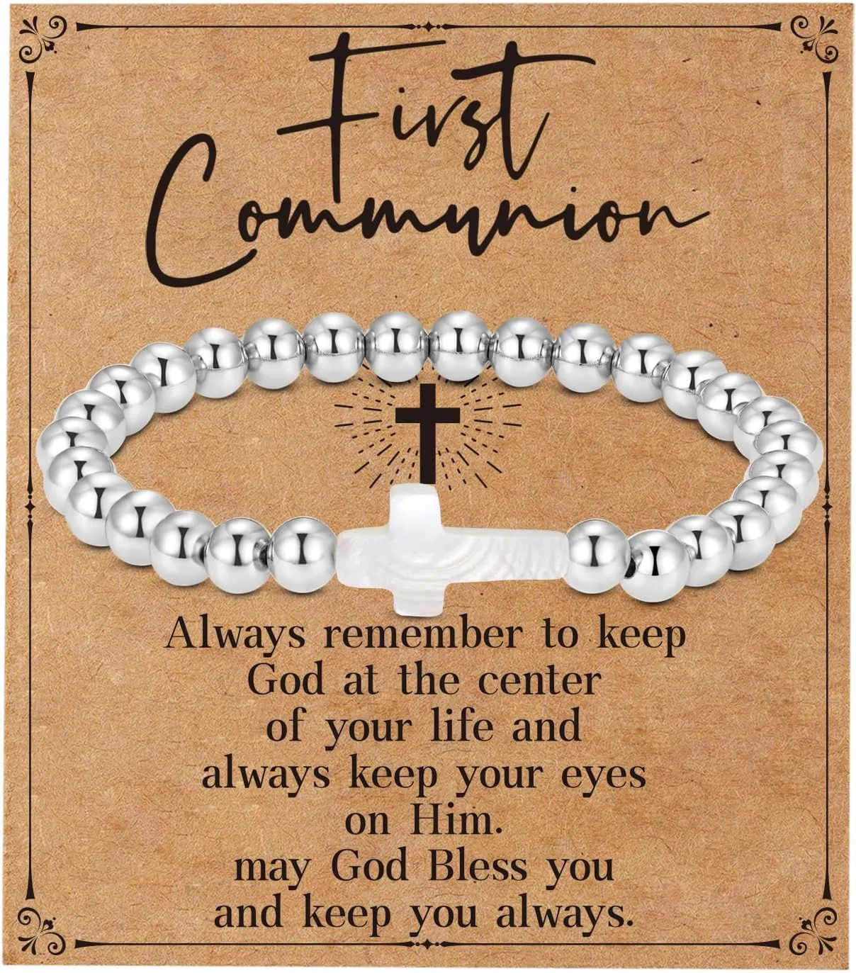 First Communion Confirmation Gifts for Women, Silver Cross Charm Bead Stretch Bracelets Christian Baptism Holy 1st Communion Jewelry