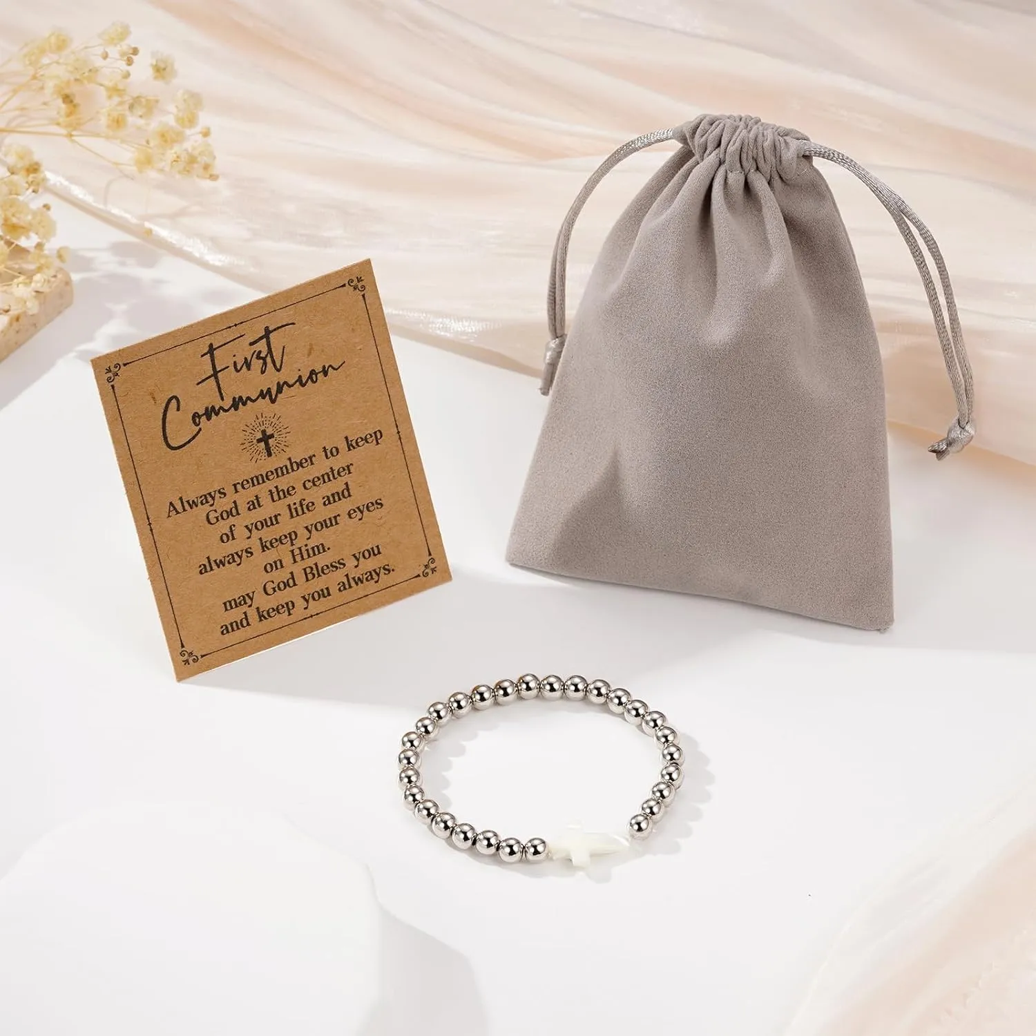 First Communion Confirmation Gifts for Women, Silver Cross Charm Bead Stretch Bracelets Christian Baptism Holy 1st Communion Jewelry