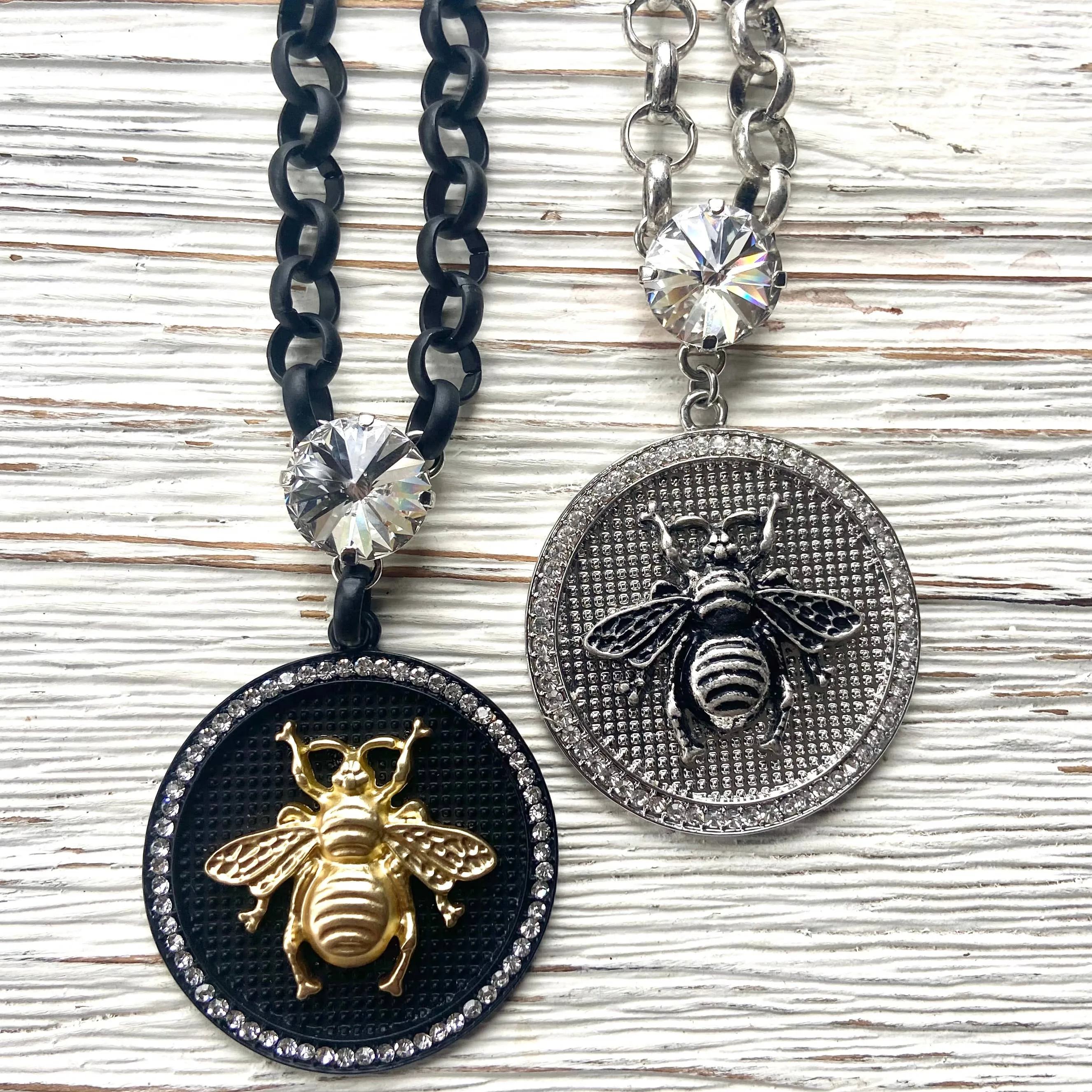 French bee statement coin necklace: Burnished silver