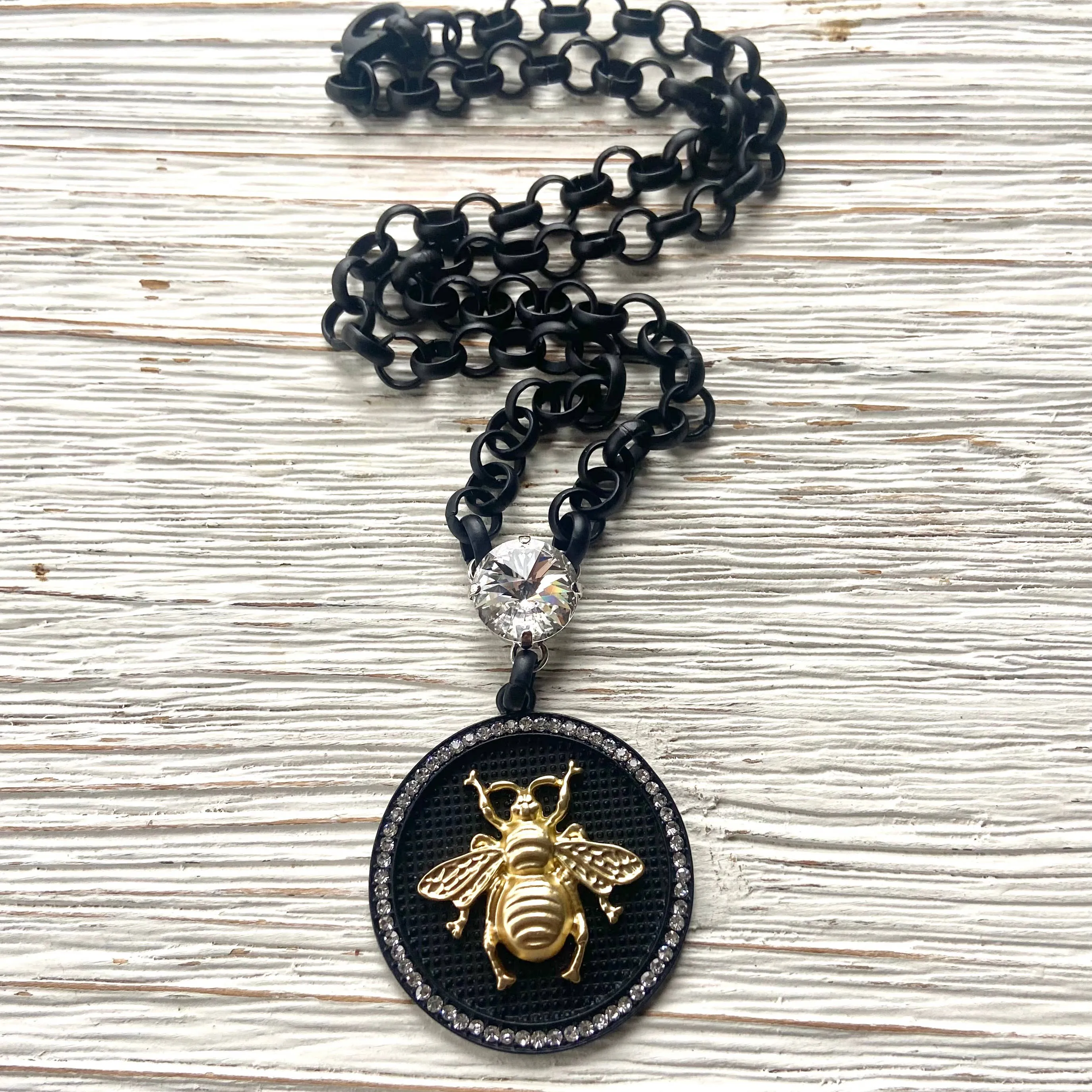 French bee statement coin necklace: Burnished silver