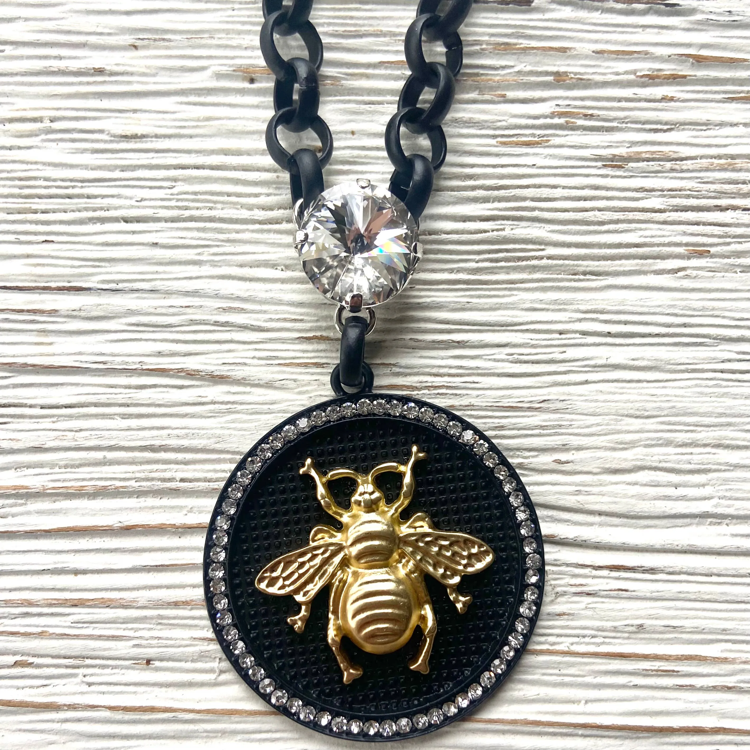 French bee statement coin necklace: Burnished silver