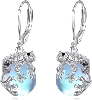 Frog Earrings Sterling Silver Frog Moonstone Dangle Earrings Leverback Drop Earrings Frog Jewelry Gifts for Women
