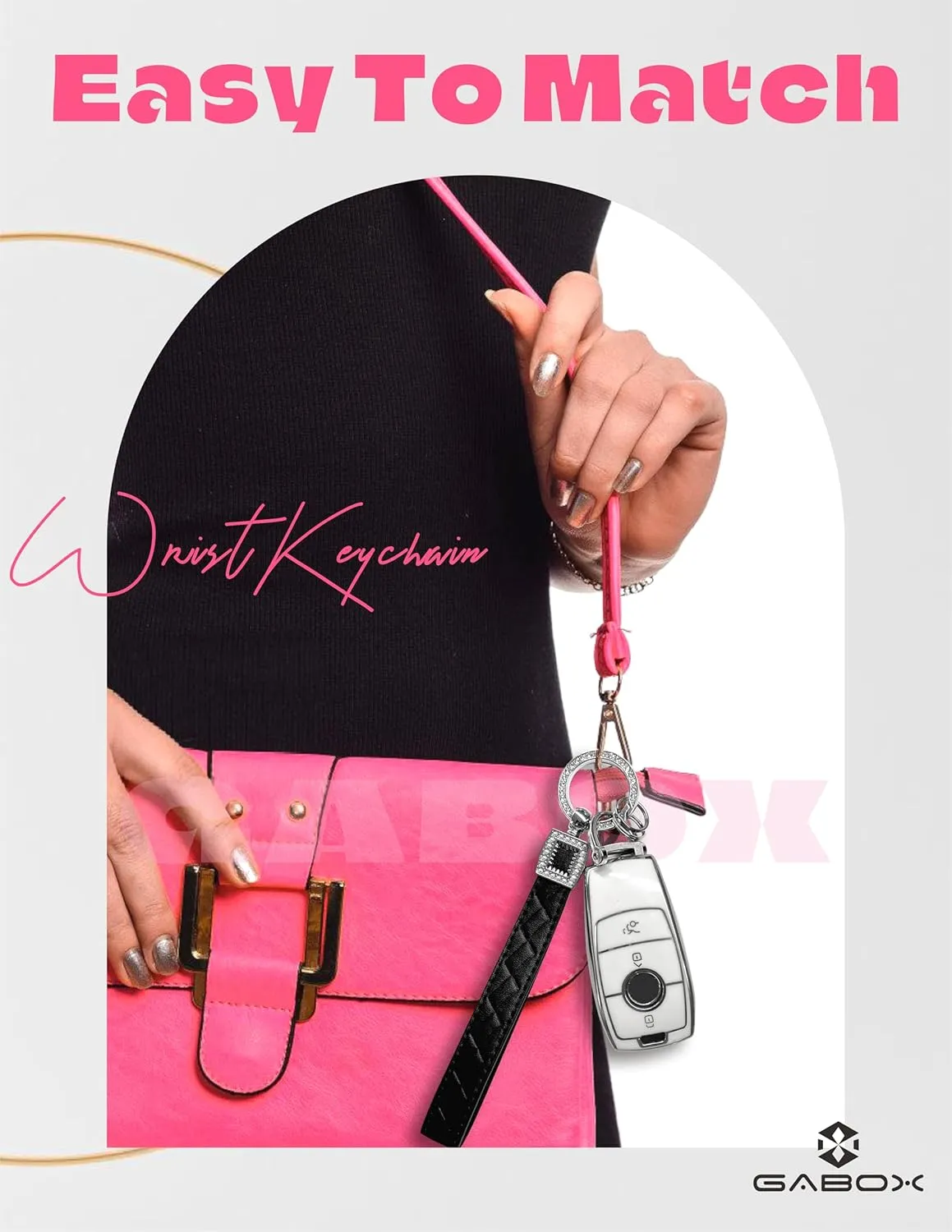GABOX Extended Wristlet Keychain for Women Rhinestone Ring Carabiner & Horseshoe Clasp for Car Keys Rings Leather Wrist Strap