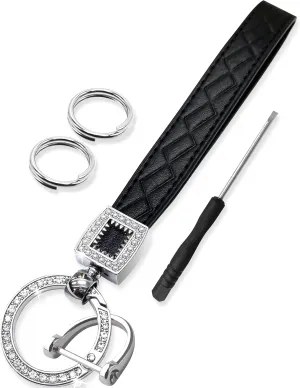 GABOX Extended Wristlet Keychain for Women Rhinestone Ring Carabiner & Horseshoe Clasp for Car Keys Rings Leather Wrist Strap