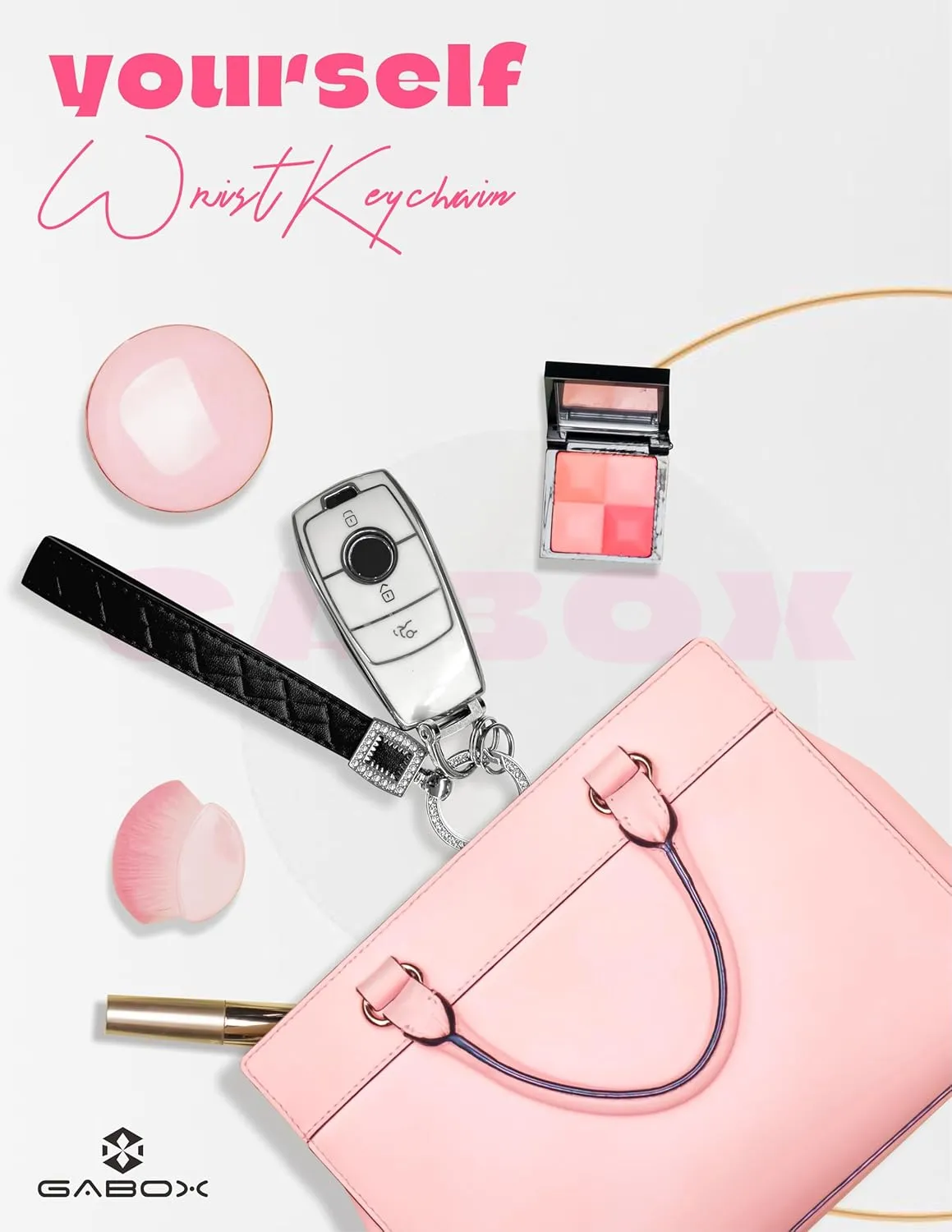 GABOX Extended Wristlet Keychain for Women Rhinestone Ring Carabiner & Horseshoe Clasp for Car Keys Rings Leather Wrist Strap
