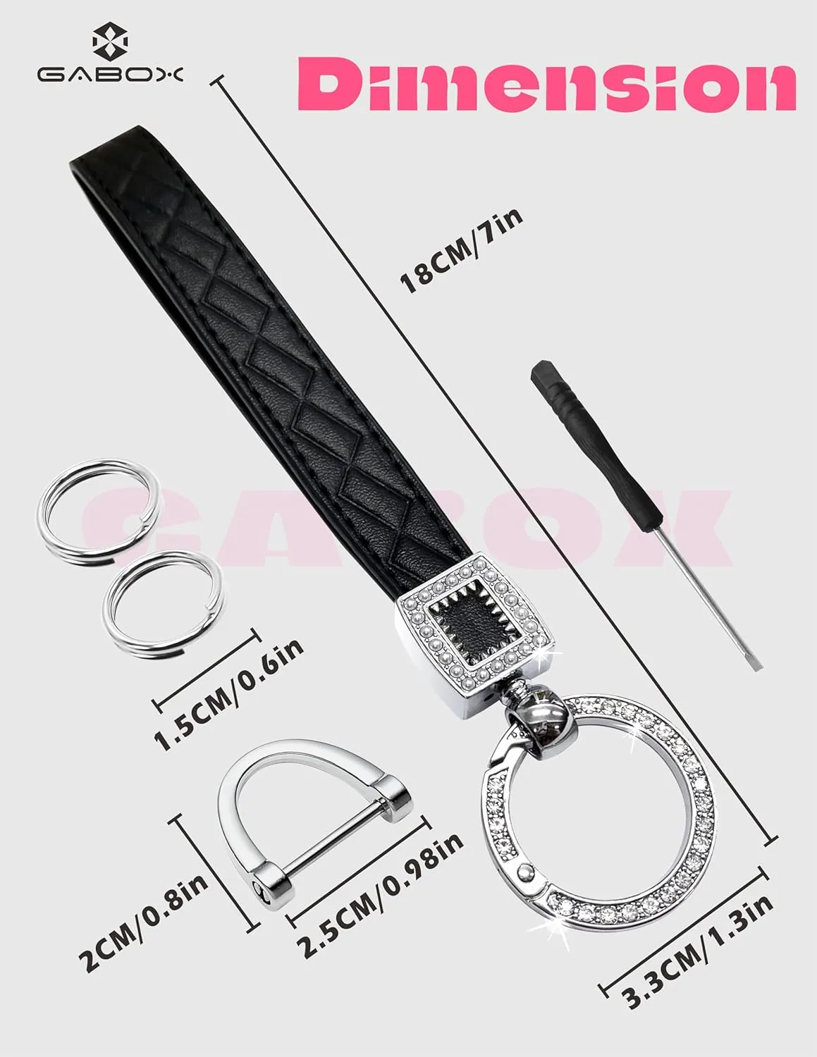 GABOX Extended Wristlet Keychain for Women Rhinestone Ring Carabiner & Horseshoe Clasp for Car Keys Rings Leather Wrist Strap