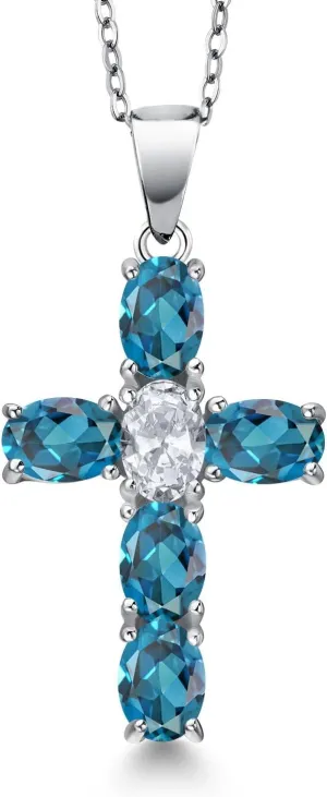 Gem Stone King 925 Sterling Silver London Blue Topaz and White Topaz Cross Pendant Necklace for Women | 3.60 Cttw | Gemstone November Birthstone | Oval 6X4MM | With 18 Inch Chain