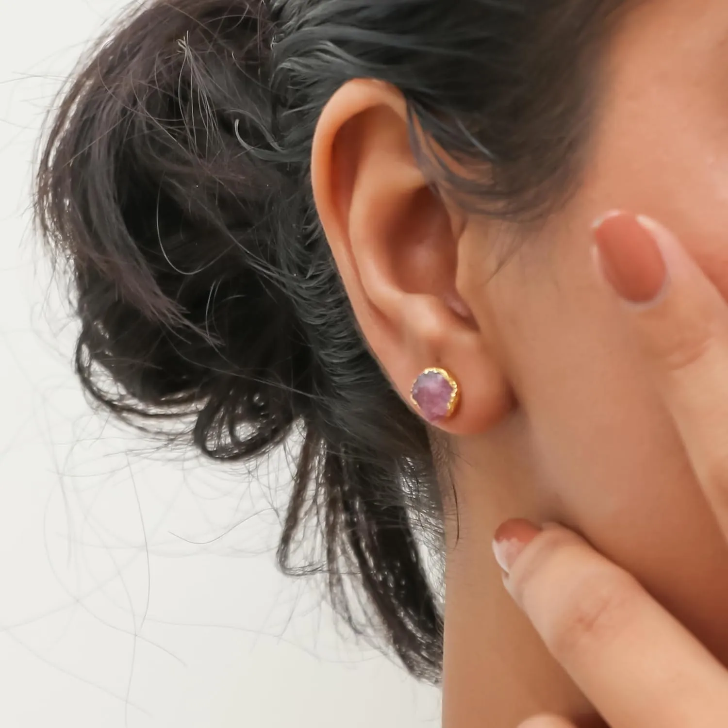 Gempires Lightweight Gemstone Stud Earrings Raw Crystal Pink Opal Handmade Jewelry Hypoallergenic Gold Plated Minimalist Dainty Post Earrings