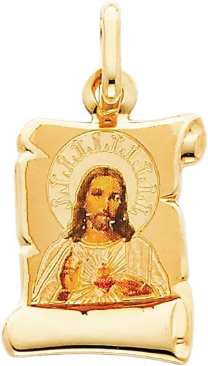 Genuine 14k Yellow Gold and Enamel 0.70" Sacred Heart of Jesus Religious Pendant For Men or Women - Christian Jewelry, Religious Gifts