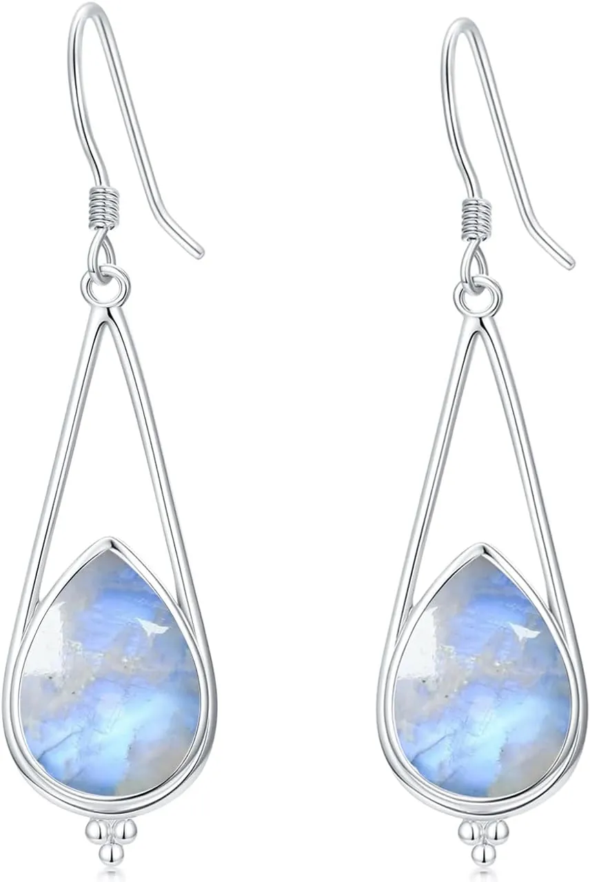 Genuine Moonstone Teardrop Earrings for Women, Sterling Silver Dangling Minimalism Dangle Earrings Healing Gemstone Jewelry