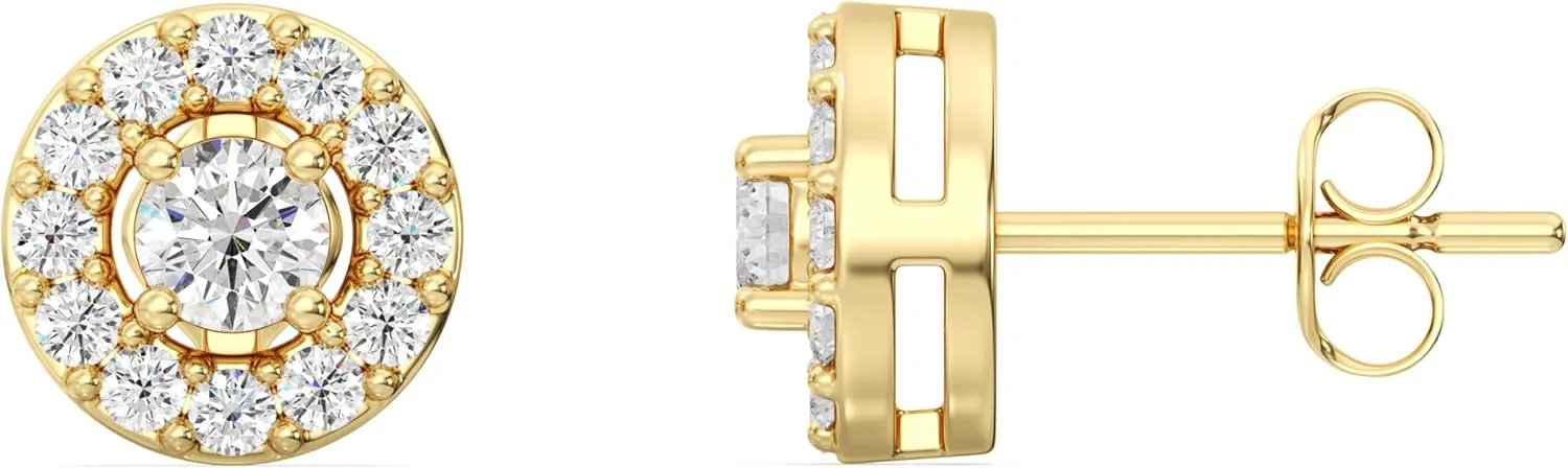 Gilded Lab-Grown Diamond Stud Plus Round Halo Earrings for Women, Round Cut, 4-Prong, Push Back, 925 Sterling Silver or 14KTGold-Plated, F Color SI1