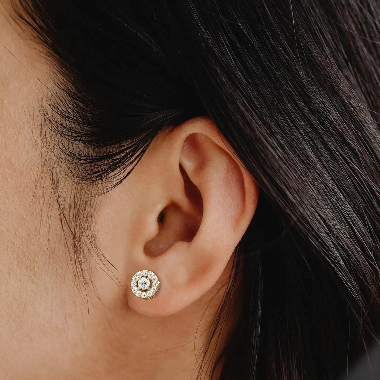Gilded Lab-Grown Diamond Stud Plus Round Halo Earrings for Women, Round Cut, 4-Prong, Push Back, 925 Sterling Silver or 14KTGold-Plated, F Color SI1