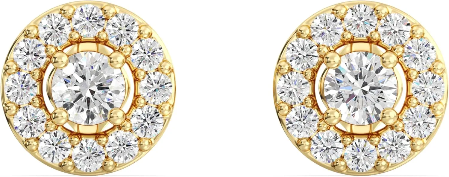 Gilded Lab-Grown Diamond Stud Plus Round Halo Earrings for Women, Round Cut, 4-Prong, Push Back, 925 Sterling Silver or 14KTGold-Plated, F Color SI1