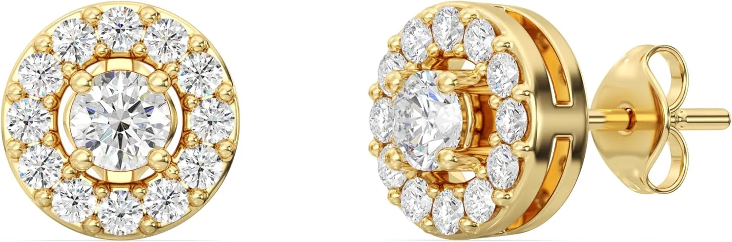 Gilded Lab-Grown Diamond Stud Plus Round Halo Earrings for Women, Round Cut, 4-Prong, Push Back, 925 Sterling Silver or 14KTGold-Plated, F Color SI1