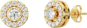 Gilded Lab-Grown Diamond Stud Plus Round Halo Earrings for Women, Round Cut, 4-Prong, Push Back, 925 Sterling Silver or 14KTGold-Plated, F Color SI1