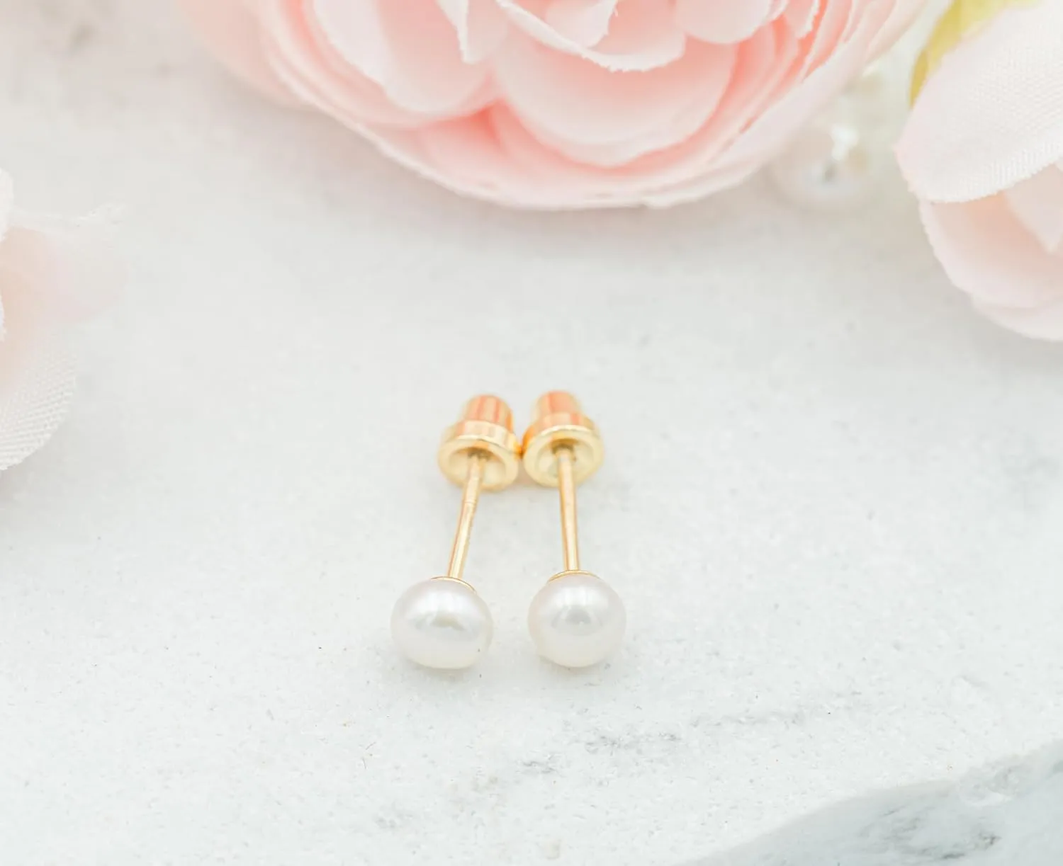 Girls 14K Gold Plated or Sterling Silver 4-5mm Cultured or Simulated Pearl Earrings with Safety Screw Backs for Babies, Toddlers, Teens, or Women