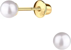 Girls 14K Gold Plated or Sterling Silver 4-5mm Cultured or Simulated Pearl Earrings with Safety Screw Backs for Babies, Toddlers, Teens, or Women
