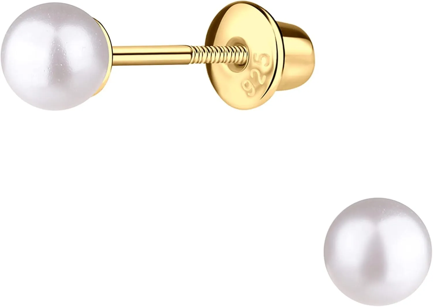 Girls 14K Gold Plated or Sterling Silver 4-5mm Cultured or Simulated Pearl Earrings with Safety Screw Backs for Babies, Toddlers, Teens, or Women